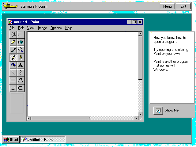 Microsoft Paint, Windows 95.  A simple control box on the left side allows the user to choose between a pencil, a brush, or a spray can (among a few others, like zoom and selection).  The screenshot is taken from Windows 95's Tour.