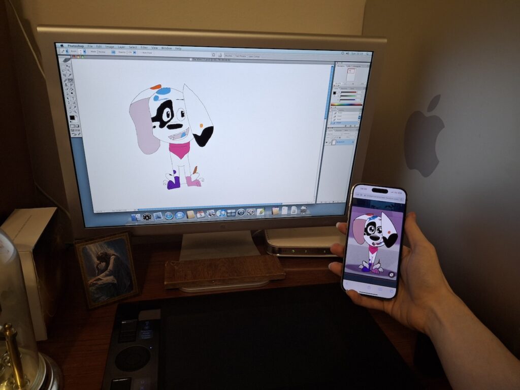 Photoshop CS on a Power Mac G5, showing a sketch of Da Vinci Dalmatian from 101 Dalmatian Street.