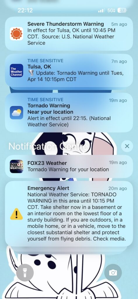 iPhone screenshot of tornado warnings.