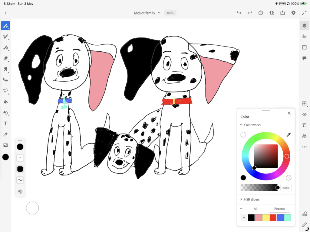 A sketch of three Dalmatians.