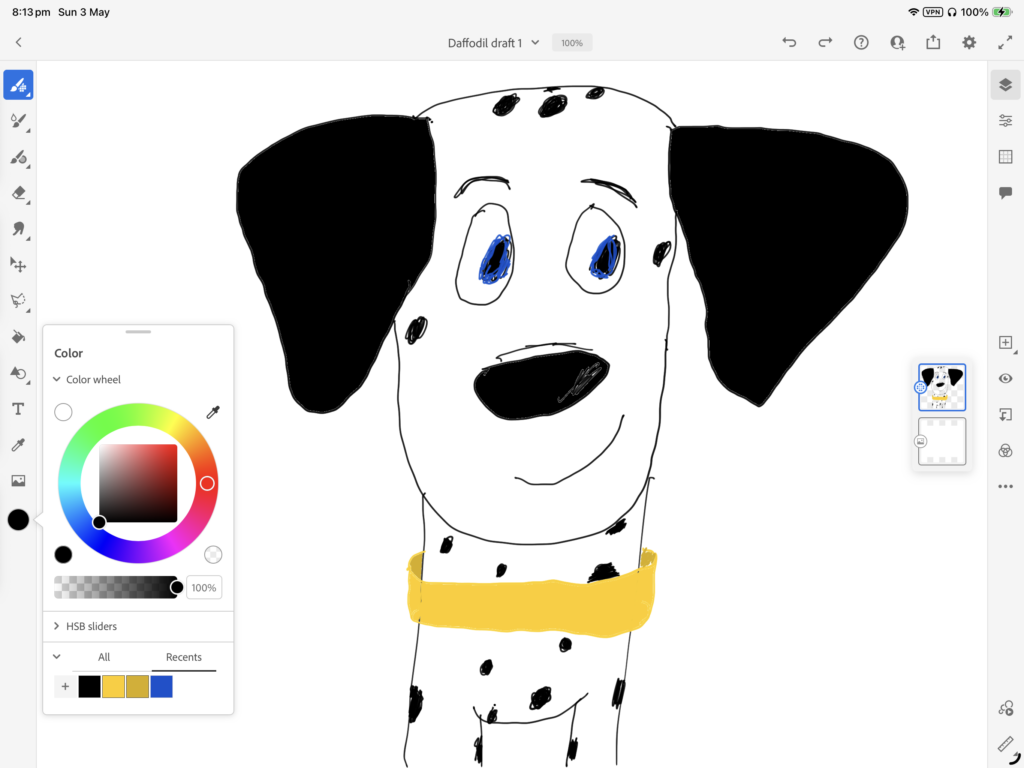 A drawing of Daffodil, a Dalmatian wearing a yellow collar with black ears.