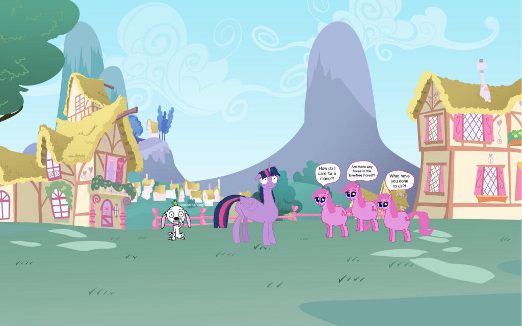 "Oops!", 2026, Anna "Spots" Wilcox.  If uploading to a booru (e621, derpi, et c.), please credit the artist as Spots, and also lightf4lls for the background!